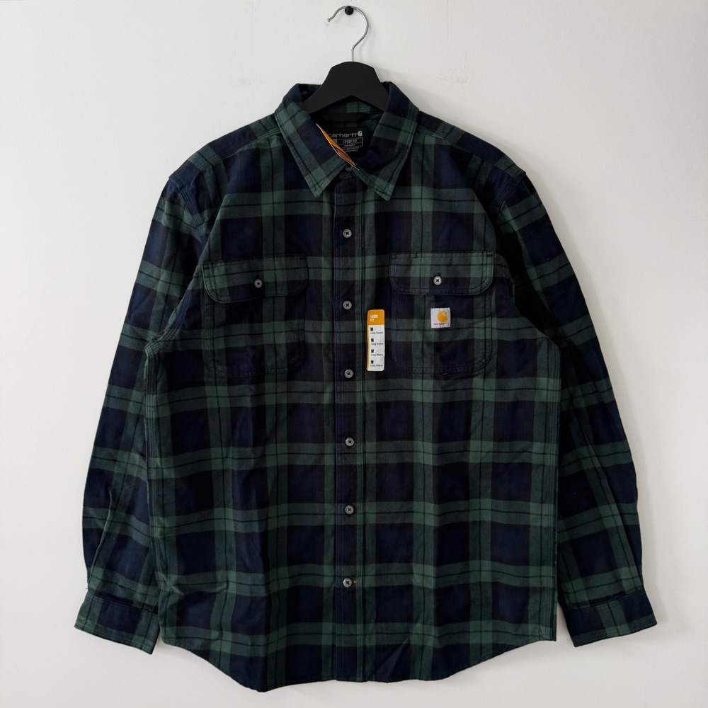 Carhartt Mens M Loose Fit Heavyweight Flannel Plaid Shirt Green Navy TW4451